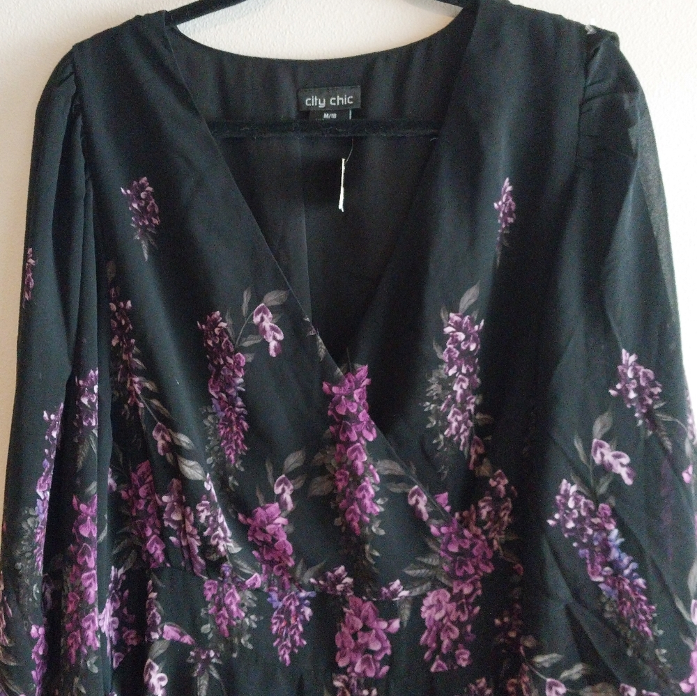 City Chic Black & Purple Floral Print Faux Wrap Balloon Sleeve Midi Dress NWT - Picture 5 of 9